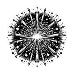 Obraz premium Firework explosion sketch engraving black and white outline. Scratch board imitation.