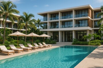 Luxury resort accommodation exterior featuring modern architecture and premium hospitality design representing high-end vacation and travel industry