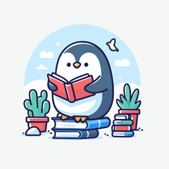 cartoon vector illustration of penguin reading a book