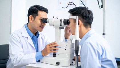 Ophthalmologist in white coat carefully examines patient eyes using slit lamp biomicroscope, showcasing precision and professionalism in clinical setting