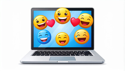 Colorful emojis displayed on laptop screen create joyful atmosphere, featuring grinning faces, hearts, and various expressions that evoke happiness and connection