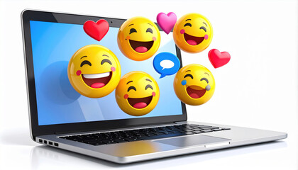 Happy emojis surround laptop, symbolizing digital communication and joy. vibrant expressions convey excitement and connection in online world, enhancing tech experience