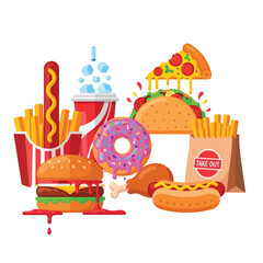 A colorful arrangement of junk food items including burger, pizza, taco, donut and soda.