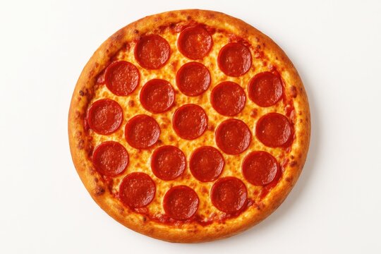 Premium pepperoni pizza isolated on white background featuring perfectly melted cheese and savory toppings for restaurant and food delivery marketing