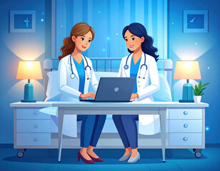 Healthcare professionals collaborate in modern medical setting, discussing patient care while using laptop. room is well lit, creating warm and inviting atmosphere