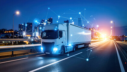 Digital truck illuminated by city lights travels through futuristic cityscape, showcasing advanced technology and renewable energy. scene evokes sense of innovation and progress