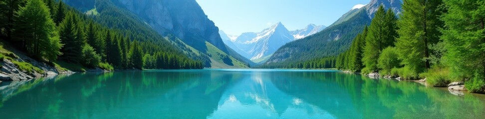 Fototapeta premium Crystal clear alpine lake, vibrant green forest, blue sky , photography, environment, peaceful
