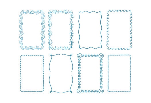 Hand drawn doodle rectangle frames set with wavy lines, seashells, bubbles and minimal borders for summer beach design and ocean-themed projects