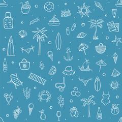 Seamless summer beach doodle pattern with hand drawn swimwear, drinks, fruits, sea elements, umbrellas, boats and vacation icons on blue background