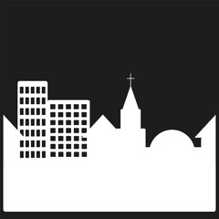 Obraz premium City church silhouette. White skyline figure. Vector building shape. Black contrast background.