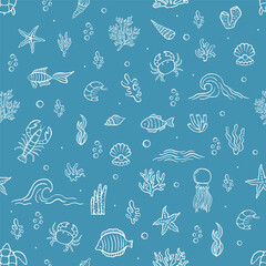 Seamless marine life pattern with hand drawn sea animals, waves, corals, shells, fish and underwater elements on blue background for summer and ocean designs