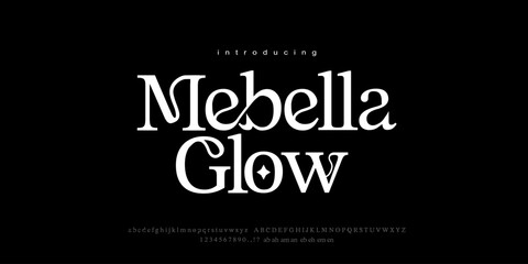 Font Mebella Glow. Elegant Font Uppercase Lowercase And Number. Classic Lettering Minimal Fashion Designs. Typography modern serif fonts regular decorative vintage concept. vector illustration.