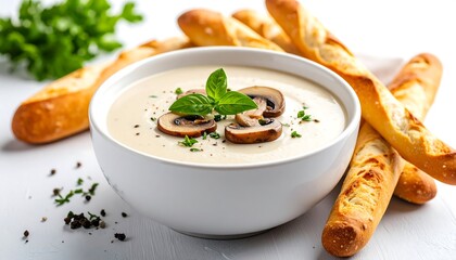 Creamy mushroom soup with breadsticks