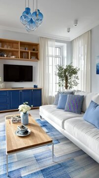 Living room in blue tones with cool white walls white oak chevron floor and white sofa with low back and slim stainless steel legs.