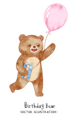 Cute Birthday Bear with Gift, and Balloon. Watercolor vector perfect for nursery, birthday party, print for invitation card, poster template