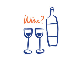 Whimsical doodles of wine and romantic dinner. Vintage icons with la dolce vita aesthetic in crayon and sketch style. Trendy art for menus and wedding invitations. Outline quirky vector illustration