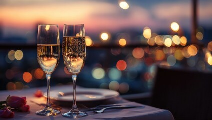 Two glasses of champagne on the table against a blurred background with a sunset and city lights A romantic dinner for two, an evening romantic date at a hotel restaurant Generative AI