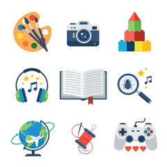 Collage of various objects with paint palette, headphones, book, and globe graphics.