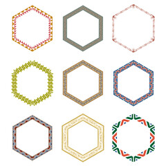 Decorative frame set. Hexagon pattern shape. Ornamental border design. Vector vintage element.