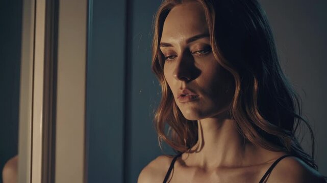 woman staring into a mirror with an intense, unblinking gaze, dim lighting, faint reflection detail, atmosphere of obsession and eerie calm