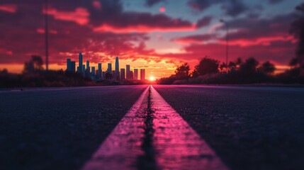 Obraz premium view from the middle of the road with a city scape in the background at a red sunset 