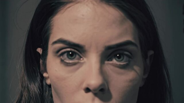 woman staring into a mirror with an intense, unblinking gaze, dim lighting, faint reflection detail, atmosphere of obsession and eerie calm