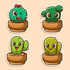 succulent cactus collection with kawaii expression