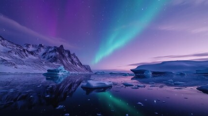 beautiful greenland scenery, at dawn, massive icebergs reflecting in the blue ocean water, aurora borealis contrasting in the clear sky, documentary thumbnail

