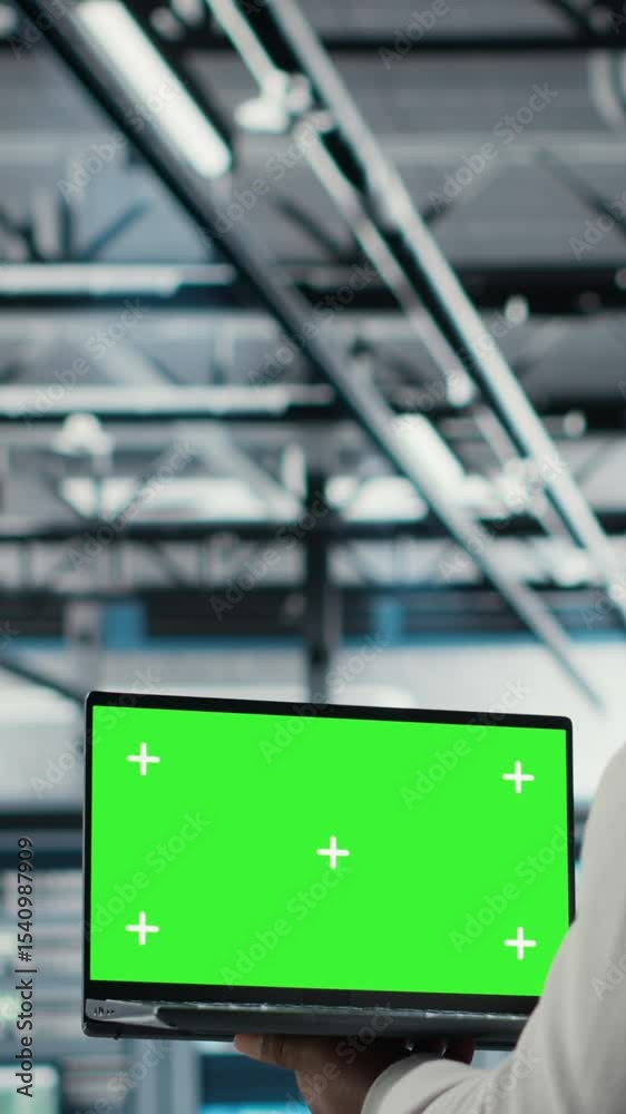 Poster vertical video data center admin using isolated screen laptop to monitor neural network ai. server r