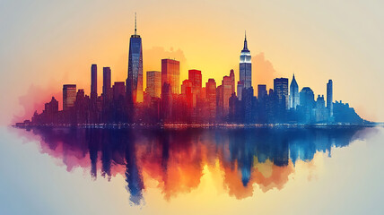 Obraz premium abstract watercolor silhouette of new york city, usa skyline, white background, isolated, realistic, a fusion of art and travel inspiration emphasizing iconic city landscapes