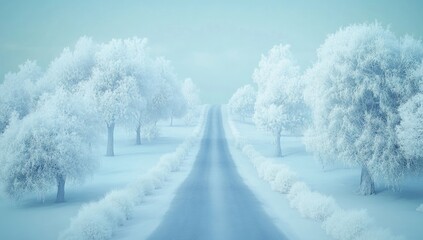 A winter wonderland road.  Trees and bushes coated in a thick layer of frost, a paved road stretches into the distance, pale blue-white light