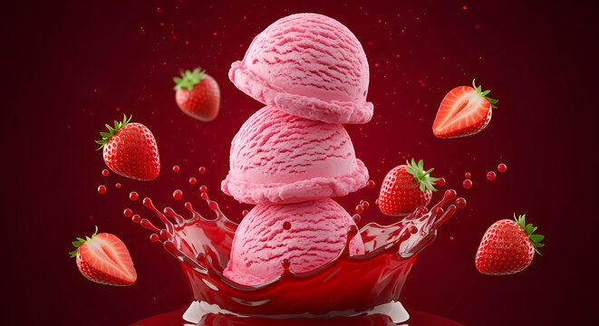 Three strawberry ice cream scoops with red splash and strawberries on dark red background.