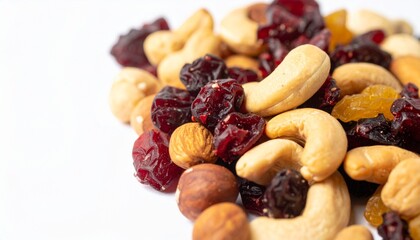 Fototapeta premium Trail Mix isolated on white background with Cashews, Cranberries, and Almonds