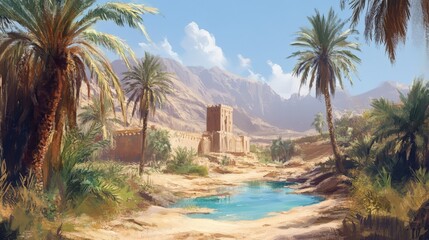 Obraz premium A scenic desert oasis depicts a building near some water