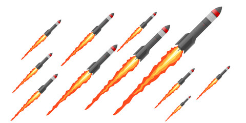 Multiple Flying Rocket Missile Launch Vector Graphic Illustration of Destructive Mass Ballistic Attack with Aggressive Fire Trail Isolated on White EPS Design © Muhammad Nashieh