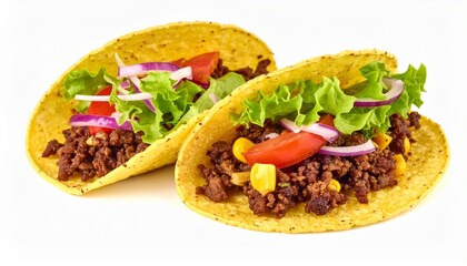 Beef Tacos isolated on white background with corn and lettuce