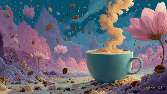 Dreamy Coffee Landscape: Latte Art Surrealism with Floral Accents and Coffee Bean Rain