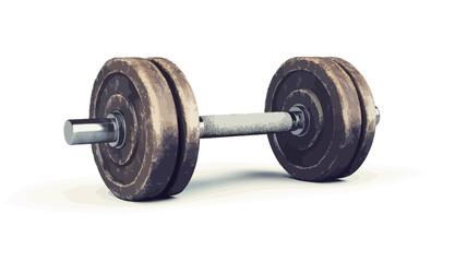 Fototapeta premium A studio shot of a vintage dumbbell with a bronze or brass finish on a plain white background. The dumbbell consists of a metal bar connecting two circular weights. 