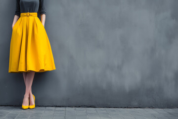 Woman skirt yellow retro fashion against gray wall