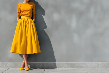 Woman yellow dress standing against grey wall