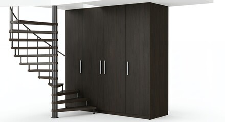 Dark gray spiral staircase and built in wardrobe
