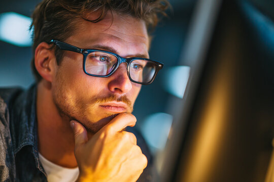 Pensive man with glasses looking at computer monitor