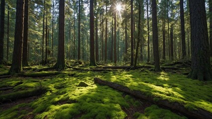 Obraz premium Sunlit Forest Canopy: Sunlight filters through a dense forest canopy, casting dappled shadows on the mossy forest floor, creating a serene and enchanting woodland scene.