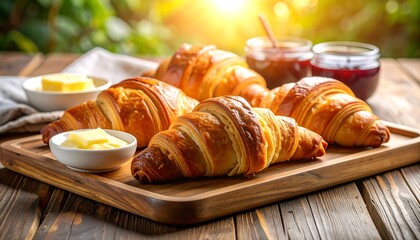 Fresh croissants with butter and jam