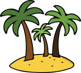Fototapeta premium A cartoon of three palm trees growing on a small island with yellow sand and brown trunks.