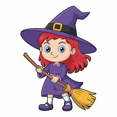 Adorable little witch girl with purple dress and broom halloween cartoon illustration red kid fun hair cute child happy