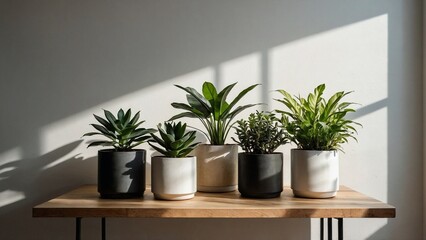 Potted Serenity: Sunlight bathes a collection of potted houseplants displayed on wooden table creating calm inviting atmosphere.