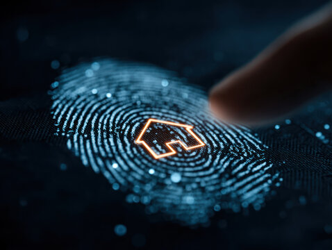 Fingerprint security with smart home icon glowing on digital screen showing technology concept.