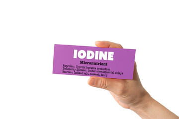 A hand holding a paper displaying key facts about iodine as an essential micronutrient for human...