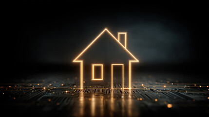 Smart home concept with glowing house icon on circuit board symbolizing technology and innovation in modern living.